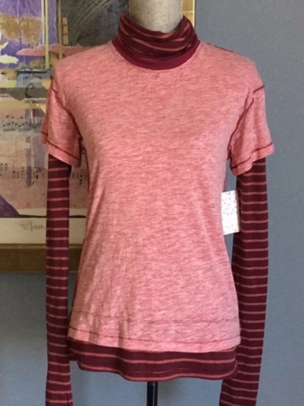 Free People Layered Red & Burgundy Striped Long-Sleeve Tee
